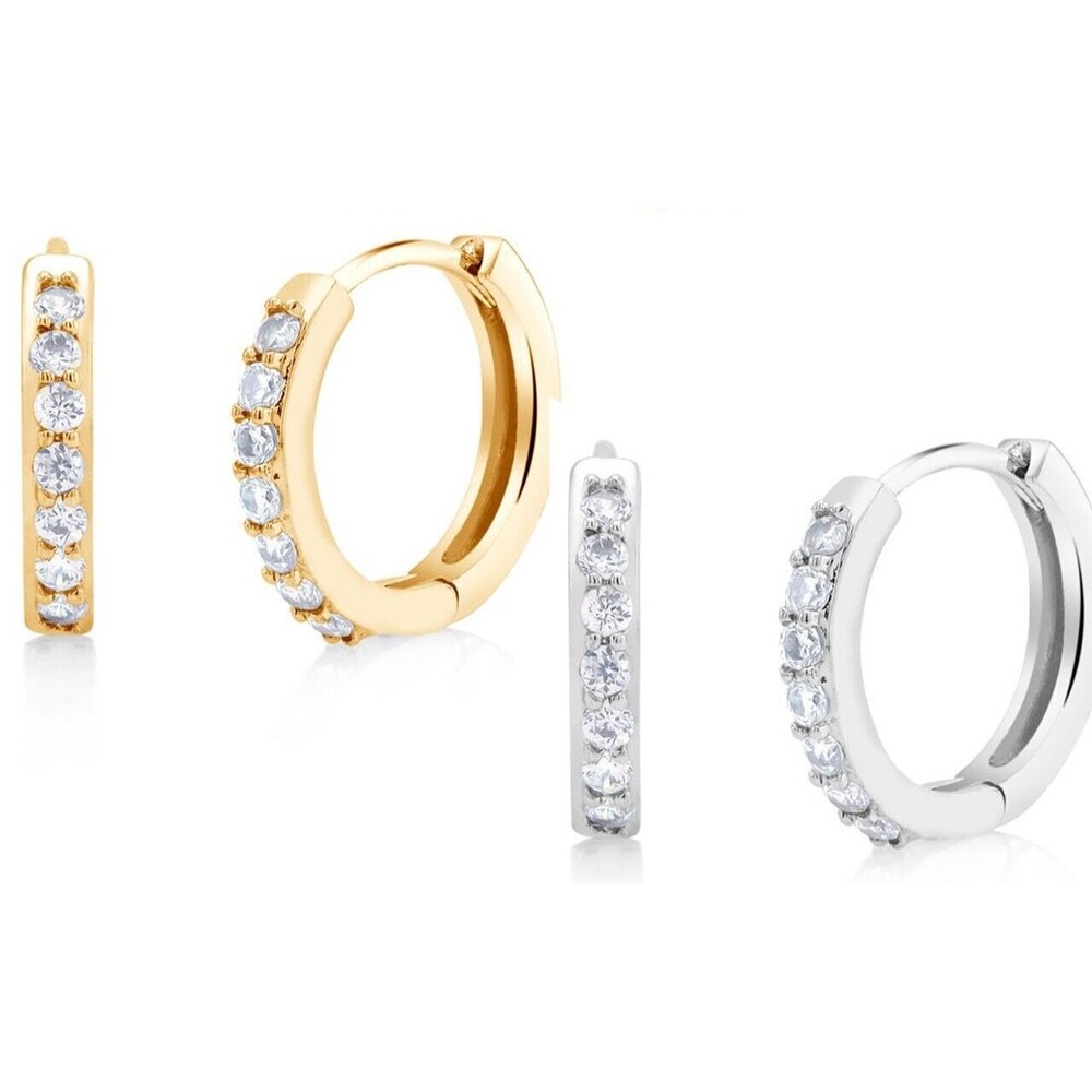 CZ 18K White Gold-Plated Brass CZ Diamonds Huggie Earrings NEW Brilliant Huggy